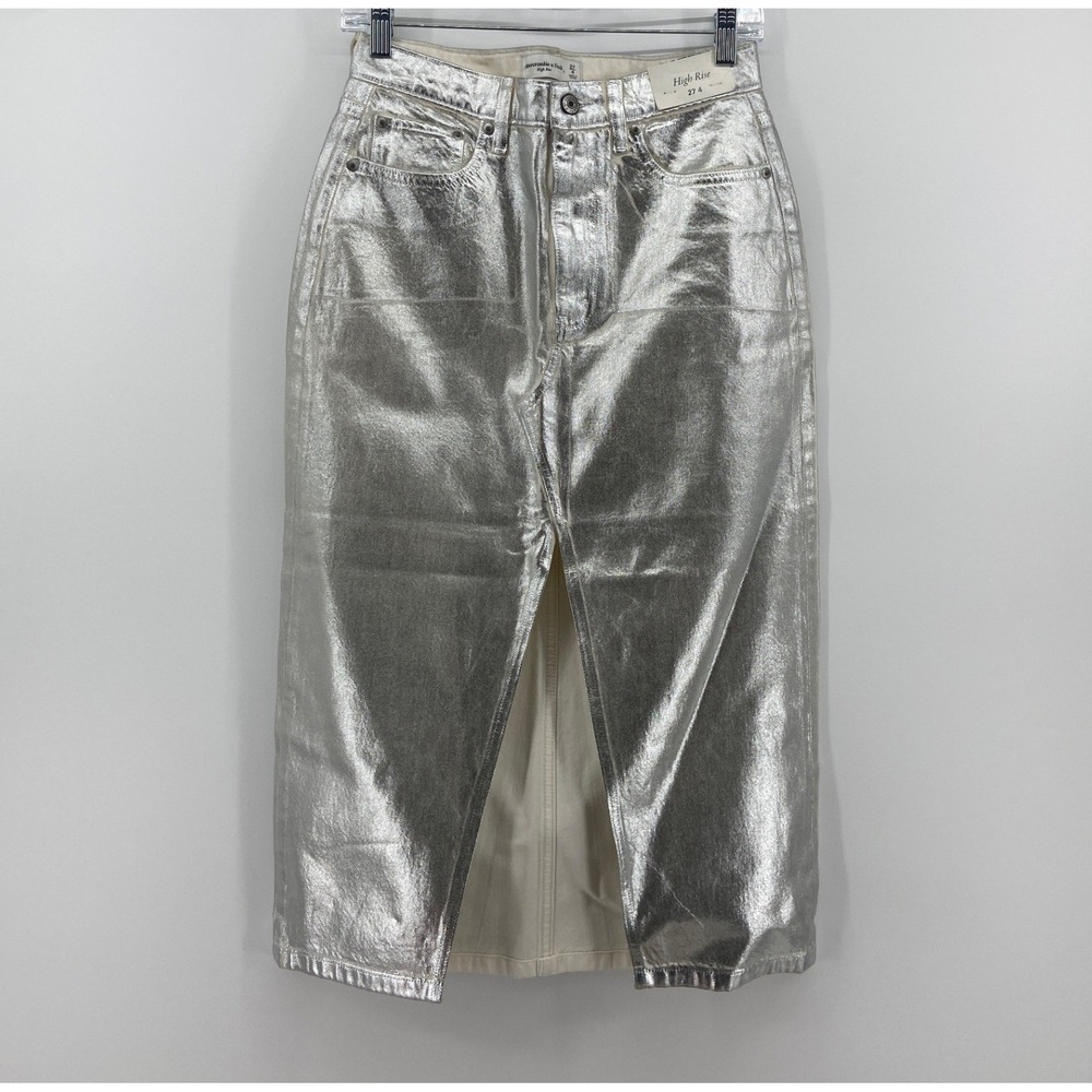 Abercrombie & Fitch Metallic Silver High Rise Midi Skirt Front Slit Size 27 4